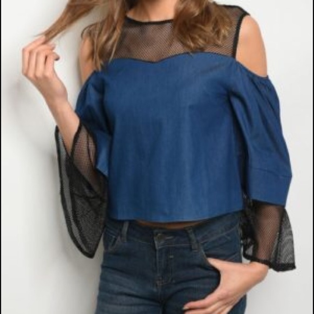 Denim Mesh Bell Sleeve Top
